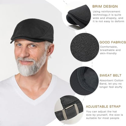 Newsboy Hats for Men Flat Cap Adjustable Irish Cabbie Ivy Driving Hunting Hat - color: Black
