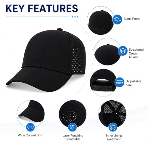 Quick Dry Baseball Cap Curved Brim Snapback Hat Mesh for Men Women - color: Black