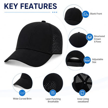 Quick Dry Baseball Cap Curved Brim Snapback Hat Mesh for Men Women - color: Black