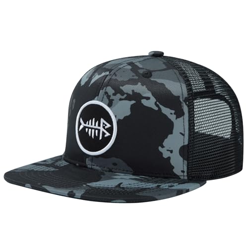 BASSDASH Flat Brim Trucker Cap Adjustable Snapback Hat Mesh Back for Men Women - color: Black Camo