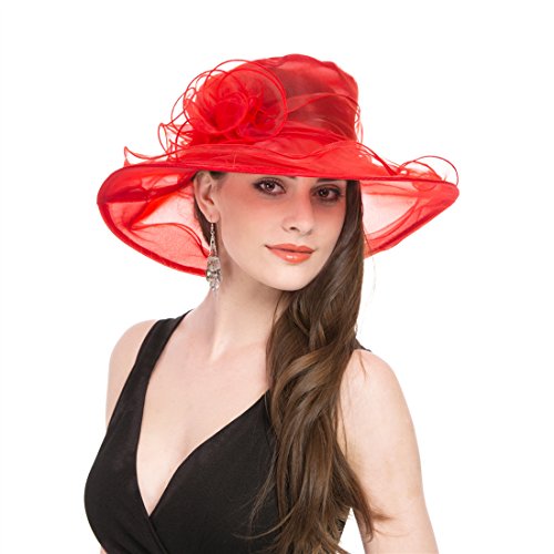 SAFERIN Women's Organza Church Fascinator Bridal Tea Party Wedding Hat - color: Sfhat-001-red