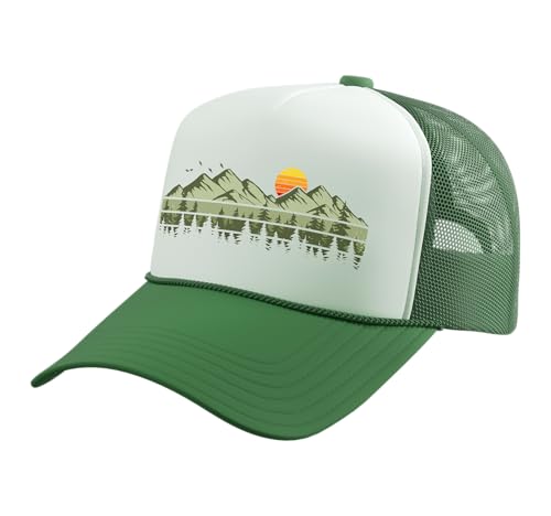 Trees Landscape Mountains Vintage Forest Trucker Hat with Adjustable Mesh Back - color: Kelly Green/White