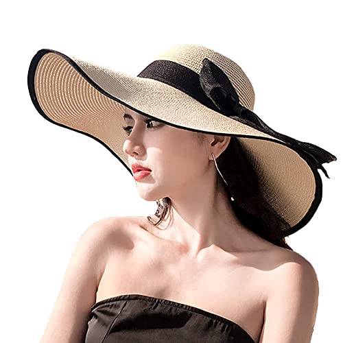 FSIGOM Women's Folable Floppy Hat,Wide Brim Sun Protection Straw Hat, Summer UV Protection Beach Cap - color: C1-e-beige2, size: Medium