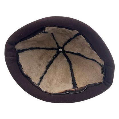 Lukkizara Winter Sheepskin Leather Fur Knit Beanie Cuff Round Bucket Winter Ski Hat - color: Brown