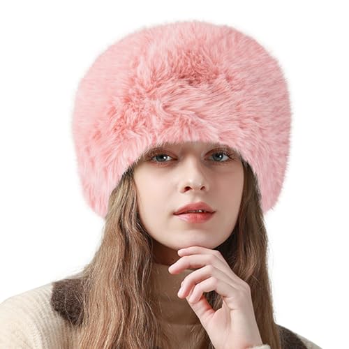 Peicees Winter Faux Fur Hat for Women Russian Style Ladies Ushanka Warm Fluffy Bucket Hat Fuzzy Furry Cap - color: Pink