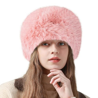 Peicees Winter Faux Fur Hat for Women Russian Style Ladies Ushanka Warm Fluffy Bucket Hat Fuzzy Furry Cap - color: Pink