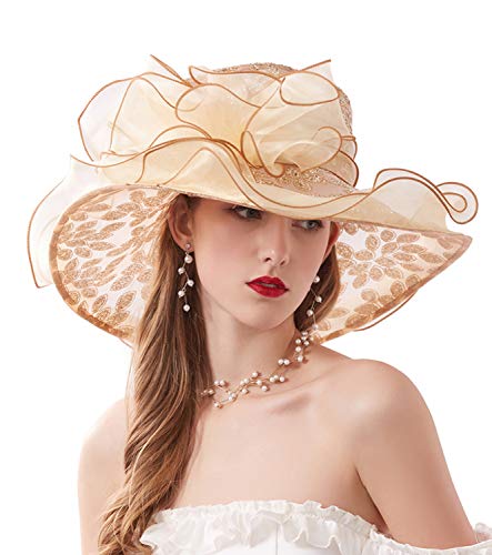 ORIDOOR Women’s Organza Church Tea Party Wedding Fascinator Derby Hat Wide Brim Sun Hats - color: A-gold