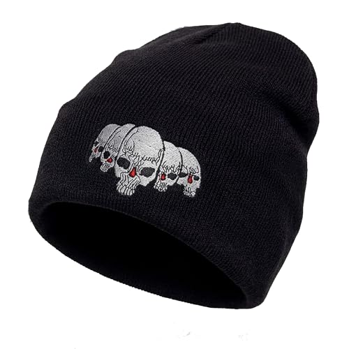 TOP HEADWEAR Skull Beanie Short Knit Cuffless Winter Hat Embroidered Skulls - color: Black Skulls