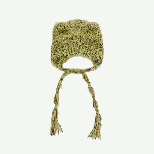 LumiSyne Winter Hat Cute Cat Ear Shape y2k Style Furry Knit Earflap Hat with Long Ear Straps Peruvian Cover Ear Beanie Hat - color: Mustard Green