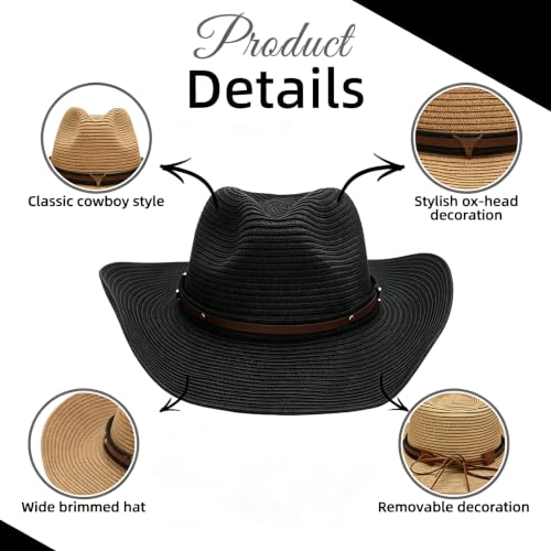 Straw Cowboy Hats Straw Cowgirl Hat for Women Men Wide with Shapeable Wide Brim Foldable Vacation Beach Sun Hat - color: Black