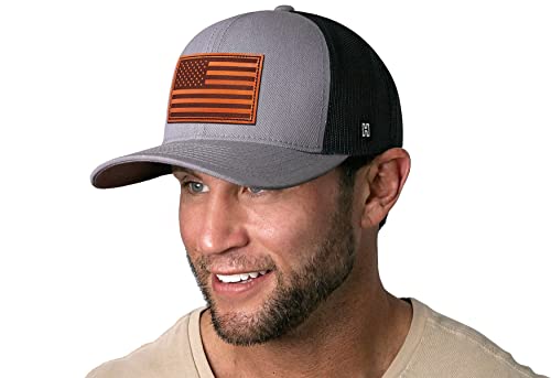 HAKA American Flag Hat | USA Mesh Trucker Snapback Comfort Baseball Cap - color: Gray & Black, style: American Flag (Leather)