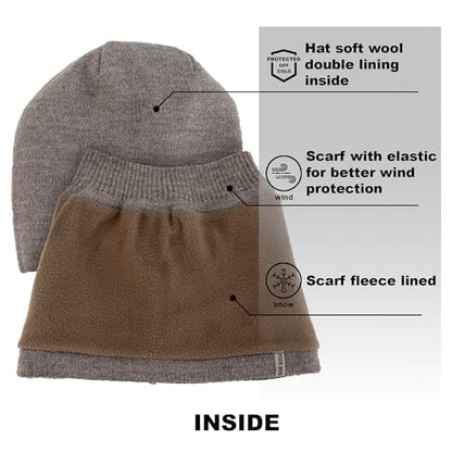 Hat and Scarf Set for Women – Knit Winter Beanie Fleece Lined Neck Warmer – Wool Double Layer Cap - color: Brown