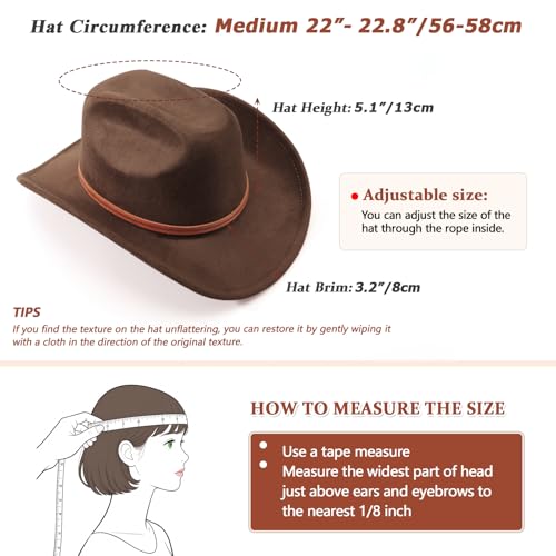 DRESHOW Cowboy Hat for Women and Men Wide Brim Western Cowboy Cowgirl Hat with Belt Buckle Unisex Rolled up Caps - color: Deep Coffee