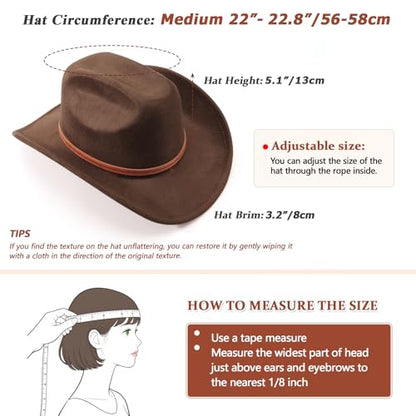 DRESHOW Cowboy Hat for Women and Men Wide Brim Western Cowboy Cowgirl Hat with Belt Buckle Unisex Rolled up Caps - color: Deep Coffee