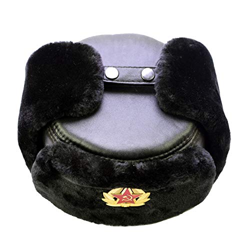 Russian Soviet Winter Fur Military Cossack Ushanka Leather Hat - size: Large