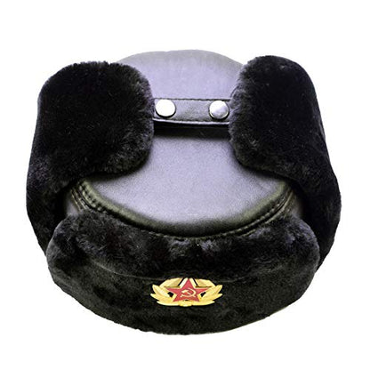 Russian Soviet Winter Fur Military Cossack Ushanka Leather Hat - size: Medium