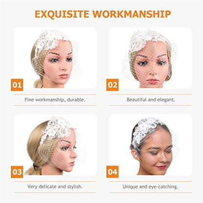 Beaupretty Womens Fascinators Hat Bridal Wedding Veil Mesh Lace Headband Tea Party Headwear Fascinator Veil Headband - color: White