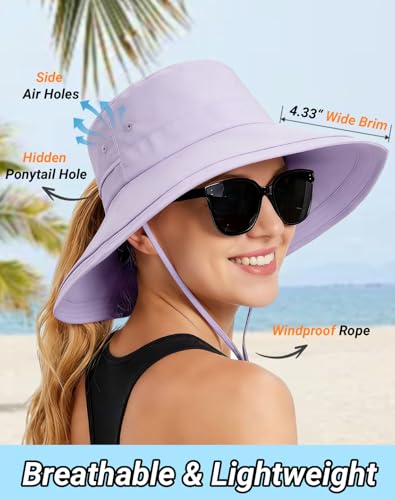 Rosoz Women Sun Hat with Ponytail Hole Wide Brim Bucket Hats UPF 50+ Beach Hiking Gardening Hat Water-Resistant Outdoot Hat - color: Purple