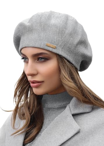 Beret - Warm Lined Wool Angora Knit Berets - French Paris Hat for Women - color: Light Grey