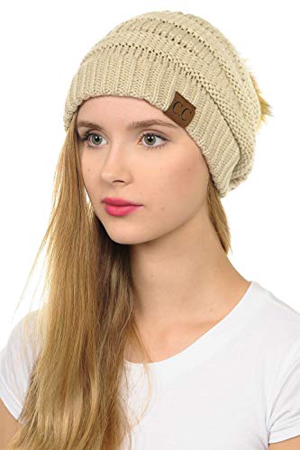 C.C Hat-43 Thick Warm Cap Hat Skully Faux Fur Pom Pom Cable Knit Beanie 2 Pack - color: Beige