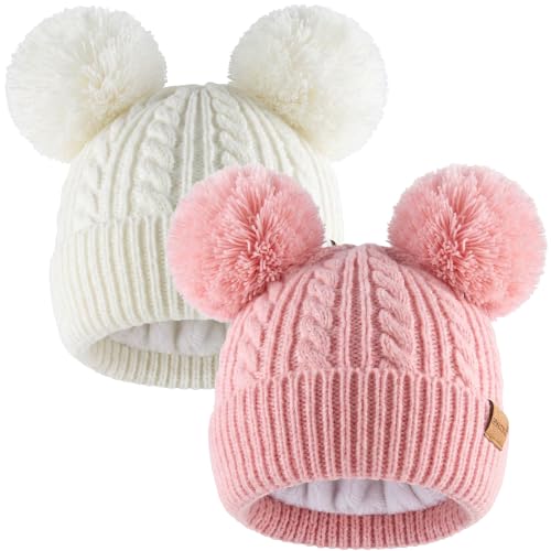 Toddler Winter Hat with Double Pom Pom Toddler Winter Beanie Hat for 3-8 - color: Y1052 Cherry Blossom Pink + White