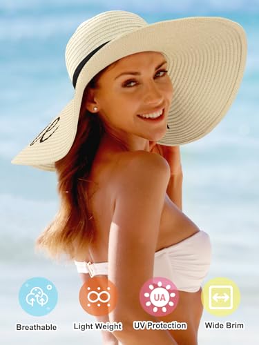 Sun Hats for Women, Summer Wide Brim Straw Beach Hat - color: Light Beige, size: Large