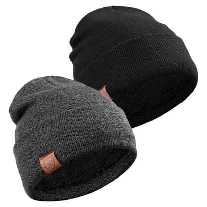 OZERO Mens Winter Hat, Fleece Lined Cuffed Beanie for Men and Women - color: 2pack Black&gray