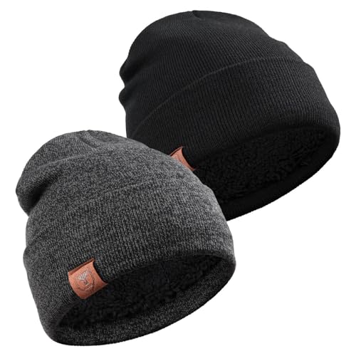 OZERO Mens Winter Hat, Fleece Lined Cuffed Beanie for Men and Women - color: 2pack Black&gray