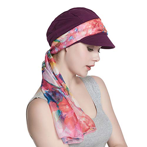 Alnorm Breathable Cotton Hat and Scarf Set Chemo Headwear for Women - color: Purple Floral