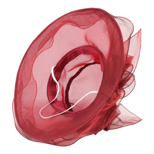 AQOKKA Women Organza Church Fascinators Kentucky Derby Hats for Women and Girls Wedding Flower Tea Party Hat with Wide Brim - color: Simulated Flower : Burgundy