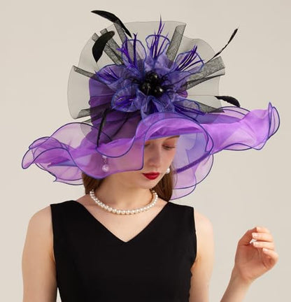 Women Derby Church Hat Organza Flower Wedding Tea Party Fascinator Wide Brim Sun Hat - color: 10-violet