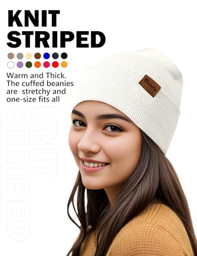 Beanie Hats for Men Women Knit Winter Hat, Warm Skull Stocking Cap, Striped Snow Hat Heated Cuffed Beanie - color: 2p-black+white