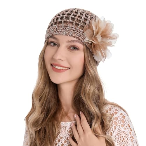 ZLYC Women Crochet Beanie Hat Summer Handmade Knit Decorated Skull Cap - color: Floral Champagne