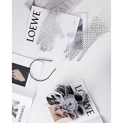 Fascinators Hat Clip Hat Wedding Cocktail Tea Party Headwear and Short Lace Bowknot Gloves for Women - color: Black & White