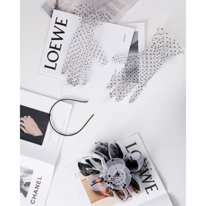 Fascinators Hat Clip Hat Wedding Cocktail Tea Party Headwear and Short Lace Bowknot Gloves for Women - color: Black & White