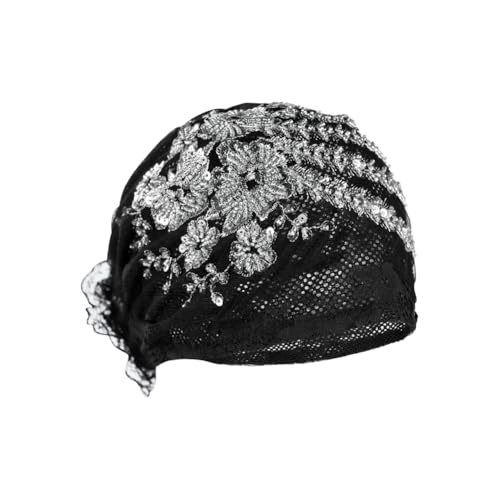 haozaikeji Women Flower Turban Hat Rhinestones Muslim Islamic Head Wrap African Pearl Turban Soft Stretchy Head Cover - color: Black-gold