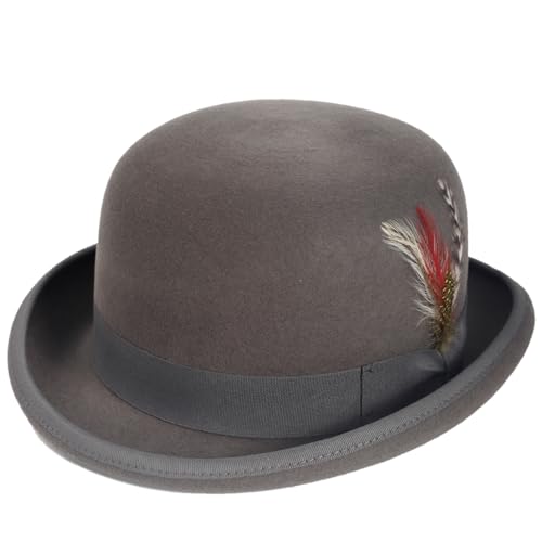 Men's Wool Fedora Hats Women Felt Bowler Derby Hat with Feather - color: Grey, size: Large