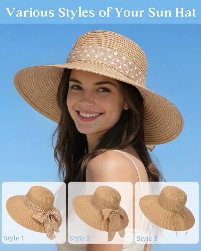 Sun Beach Straw Hats for Women, Summer Wide Brim Hat - color: Light Khaki, size: X-Large