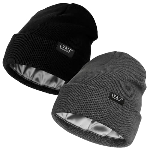 2 Pack Satin Lined Beanies for Men and Women Warm Cuffed Winter Hats - color: Black+dark Grey