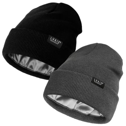 2 Pack Satin Lined Beanies for Men and Women Warm Cuffed Winter Hats - color: Black+dark Grey