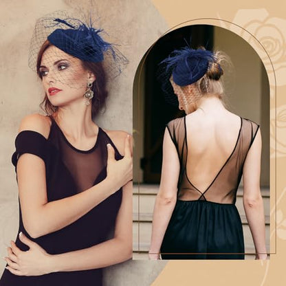 Fascinator Hat Veil Feather Fascinator Tea Party Bridal Wedding Veil Retro Hat Pillbox Hat - color: Navy Blue