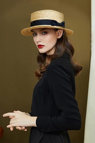 BABEYOND Men's Straw Boater Hat, 1920s Gatsby Summer Costume Accessory - color: Black, size: Large-X-Large