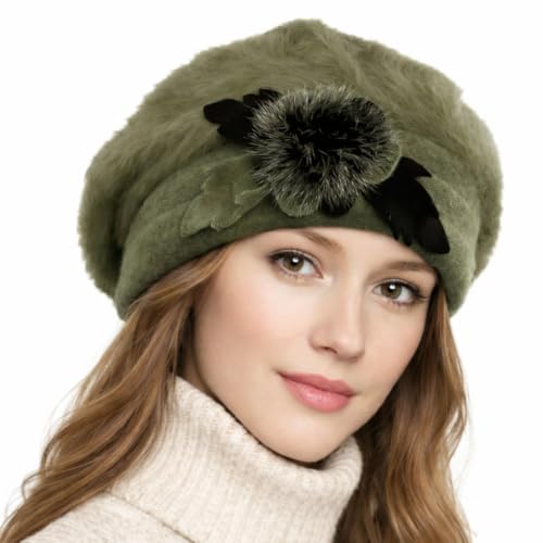 VECRY Lady French Beret 100% Wool Beret Floral Dress Beanie Winter Hat - color: Angola-green