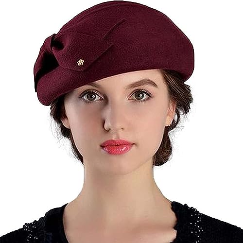 Women Vintage Bowknot Berets with Beading Autumn Winter French Artist Hat Painter Hats Female Bowler Hat Warm Cap - color: Wine Red