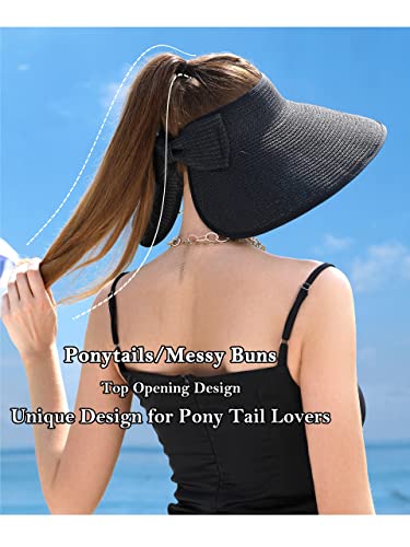 sy soul young Women's Straw Hat with Ponytail Hole Wide Brim Visor Sunhat - color: Black