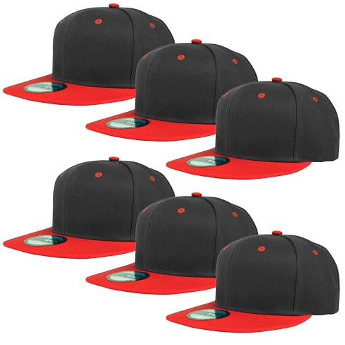Gelante Plain Blank Flat Brim Adjustable Snapback Baseball Caps LOT 6 Pack - color: Black/Red