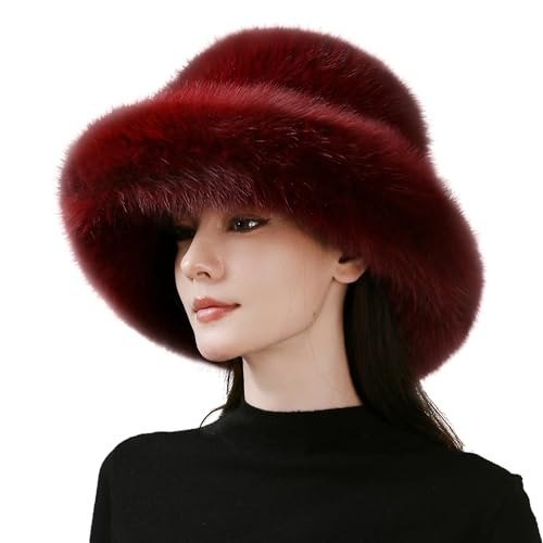 Dikoaina Faux Fur Bucket Hat for Women Girl – Oversized Brim, Super Soft & Fluffy Winter Hat - color: Burgundy