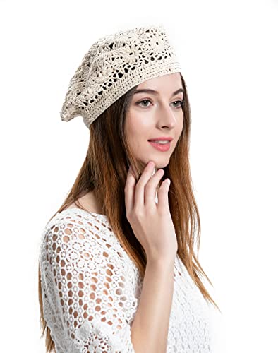 ZLYC Women Cotton Slouchy Crochet Beret Handmade Cutout Floral Beanie Hat - color: Plain Beige