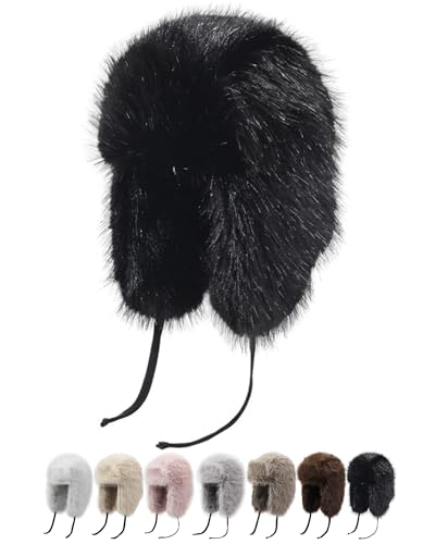 Peicees Winter Fur Hat for Women, Ladies Russian Ushanka Furry Trapper Hat with Warmer Ear Flaps and Glitter Silver Design - color: Black