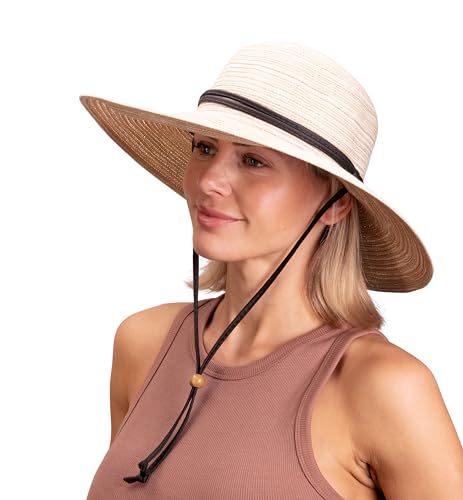 Sloggers Women's Wide Brim Braided Sun Hat with Wind Lanyard - UPF 50+ Maximum Sun Protection - color: Stone